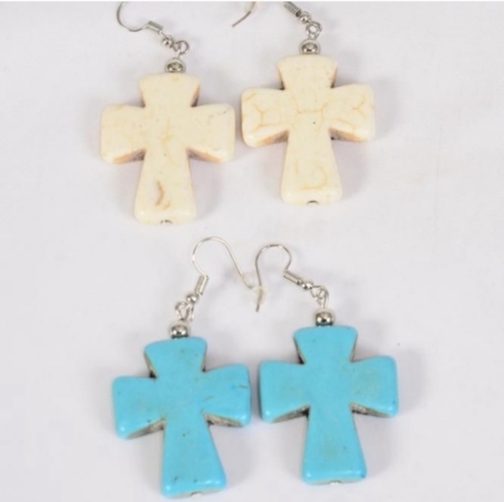 Cross Earrings BLUE Tourquise Semiprecious Stone Blu Southwestern pr of Earrings - Picture 6 of 6